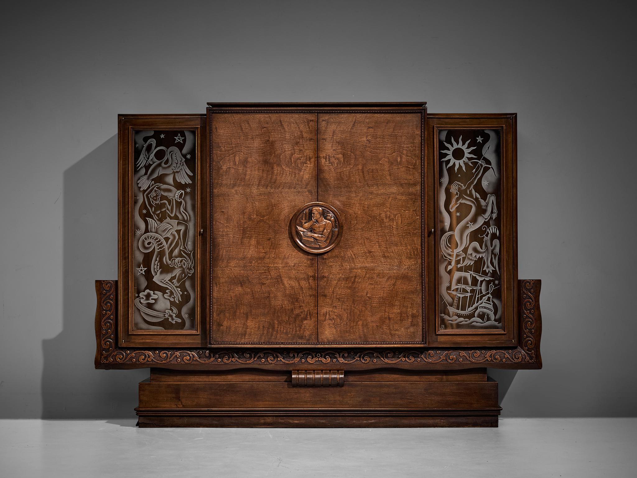 Art Deco Armoire with Decorative Illustrations by Artisan Maker