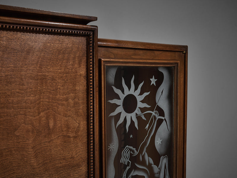 1930s Art Deco Armoire with Decorative Illustrations by Artisan Maker