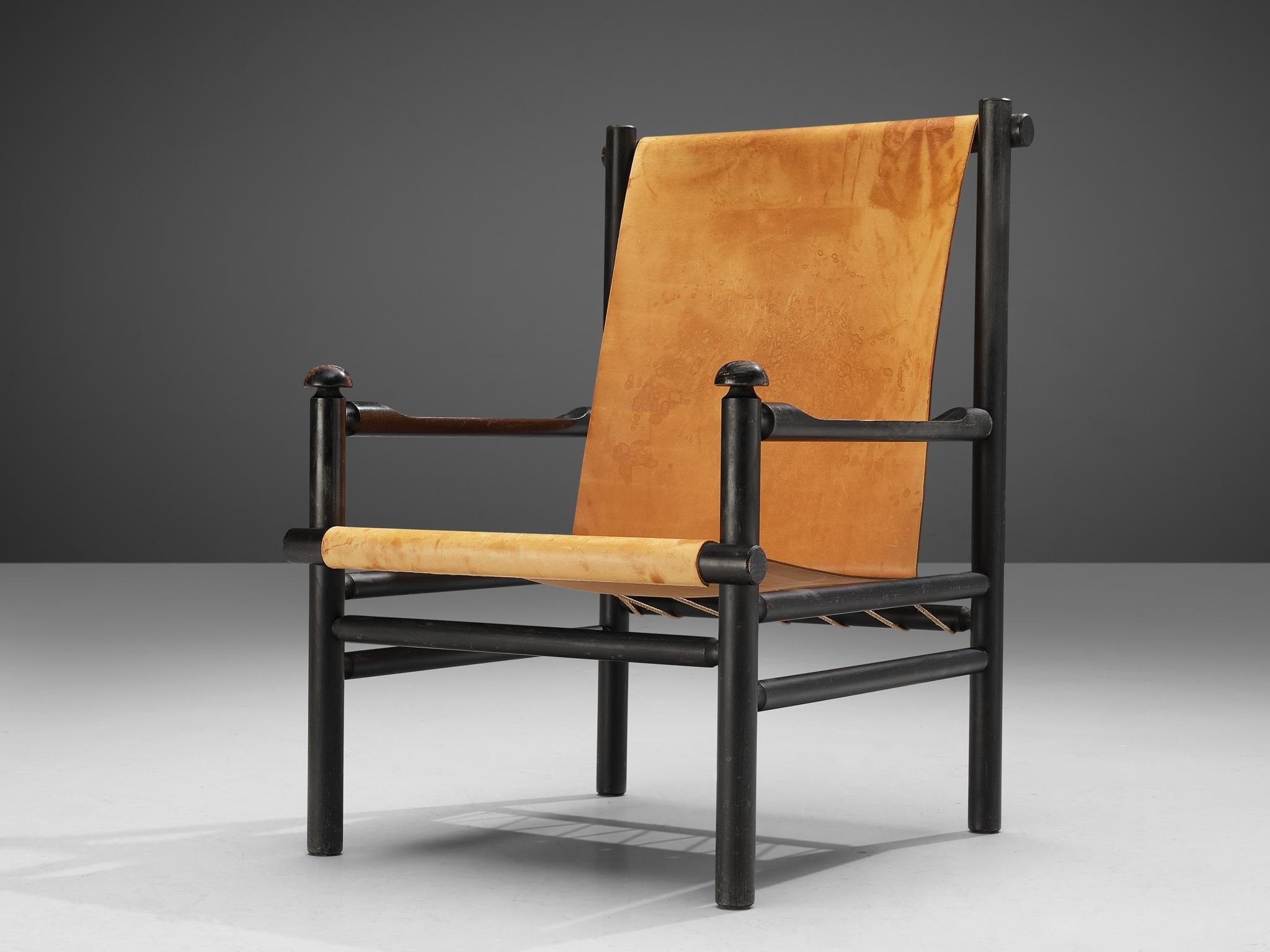 Italian Lounge Chair in Patinated Cognac Leather