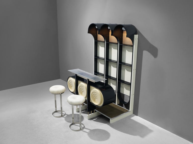 Italian Post-Modern Bar Cabinet with Stools in Black Lacquered Wood