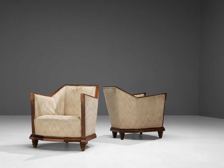Italian Pair of Art Deco Lounge Chairs in Walnut and Silk