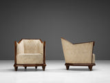 Italian Pair of Art Deco Lounge Chairs with Ottomans in Walnut and Silk