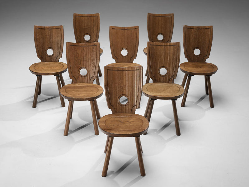 Rustic French Set of Eight Dining Chairs in Solid Oak