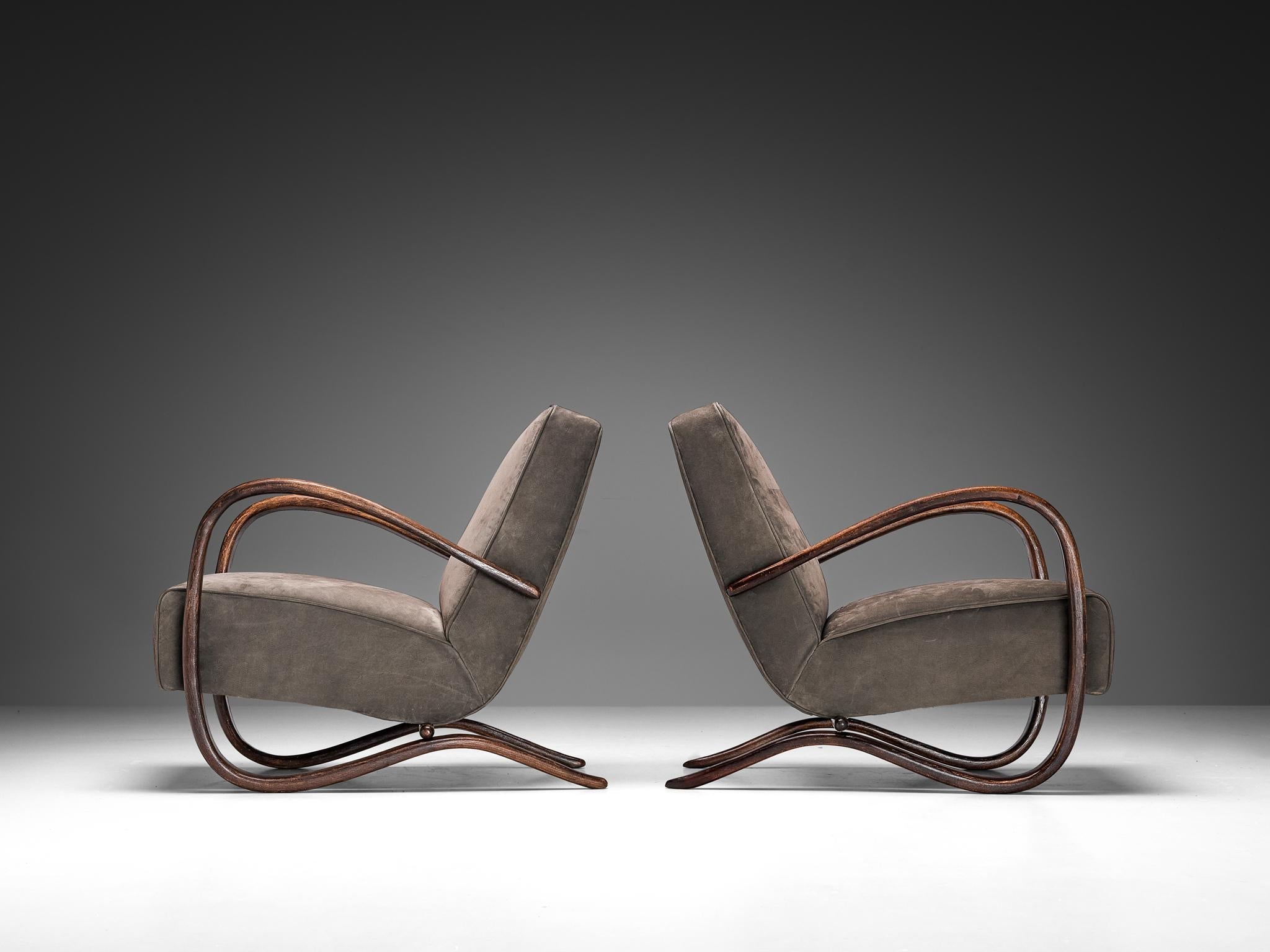 Jindrich Halabala Lounge Chairs in Grey Nubuck Leather