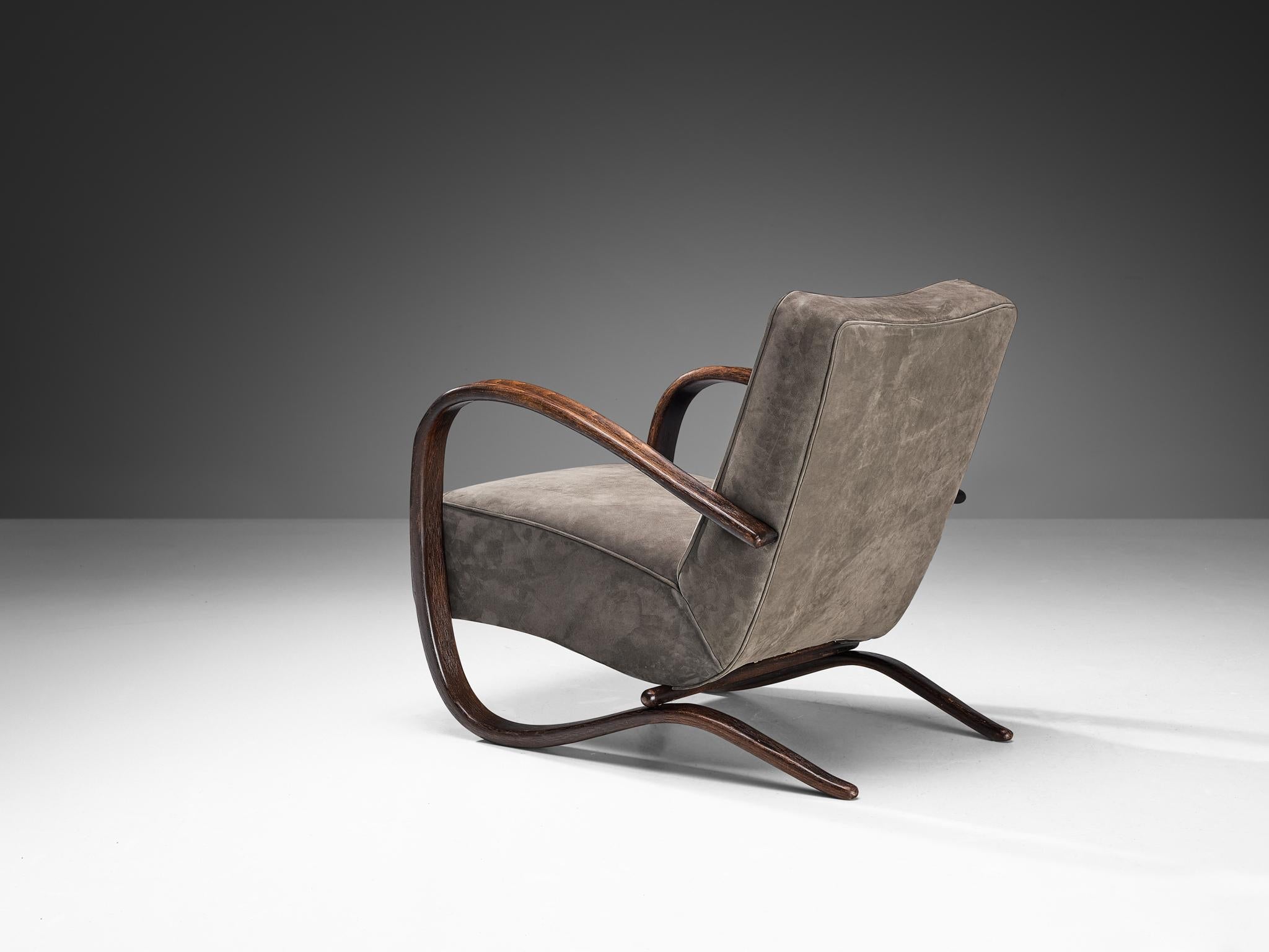 Jindrich Halabala Lounge Chairs in Grey Nubuck Leather
