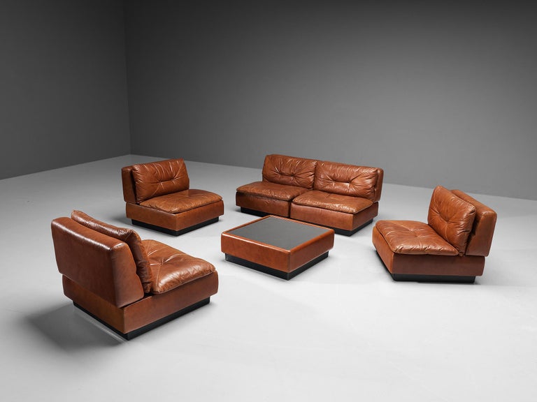 Saporiti Modular Lounge Set with Coffee Table in Cognac Leather