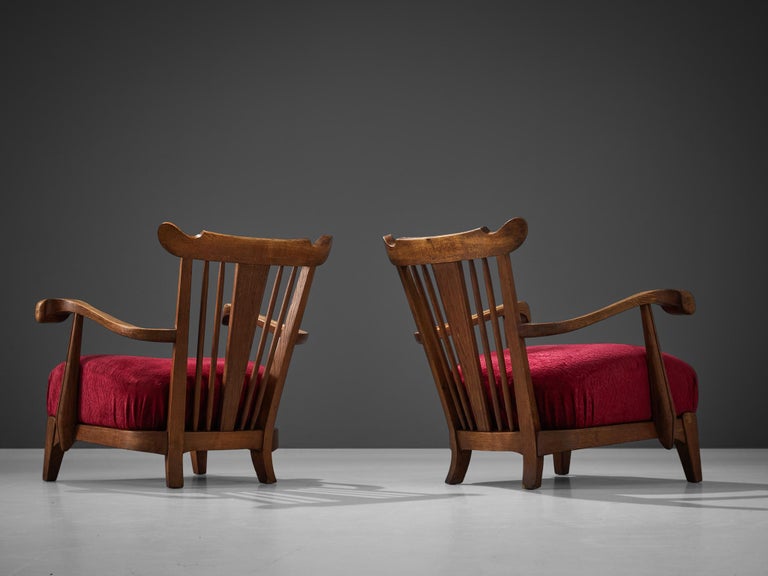 Sculpted French Pair of Armchairs in Oak and Burgundy Velvet Upholstery