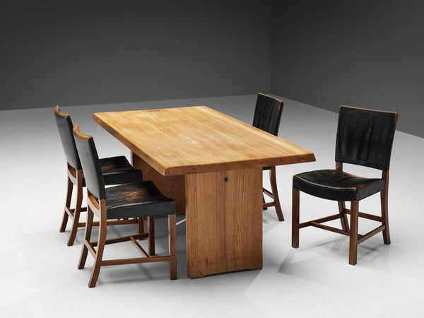 Early Pierre Chapo 'T14C' Table in Solid Elm with Kaare Klint Set of Four Chairs