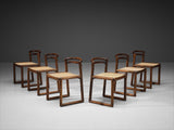 Italian Set of Six Dining Chairs in Stained Wood and Cane