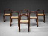 Italian Set of Six Dining Chairs in Stained Wood and Cane