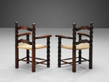 French Pair of Chairs in Stained Wood and Straw