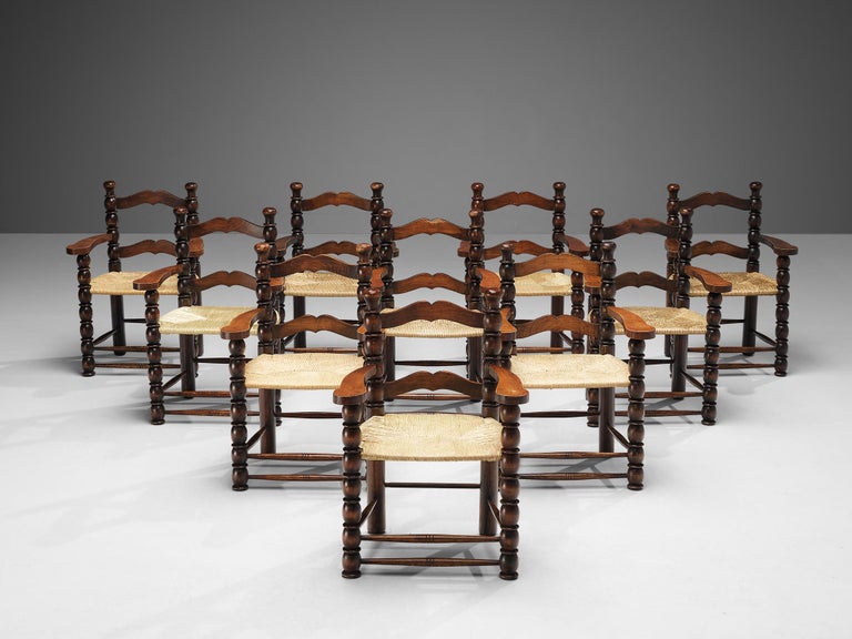 French Set of Ten Dining Chairs in Stained Wood and Straw