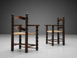 French Pair of Dining Chairs in Stained Wood and Rush