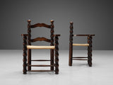 French Pair of Dining Chairs in Stained Wood and Rush