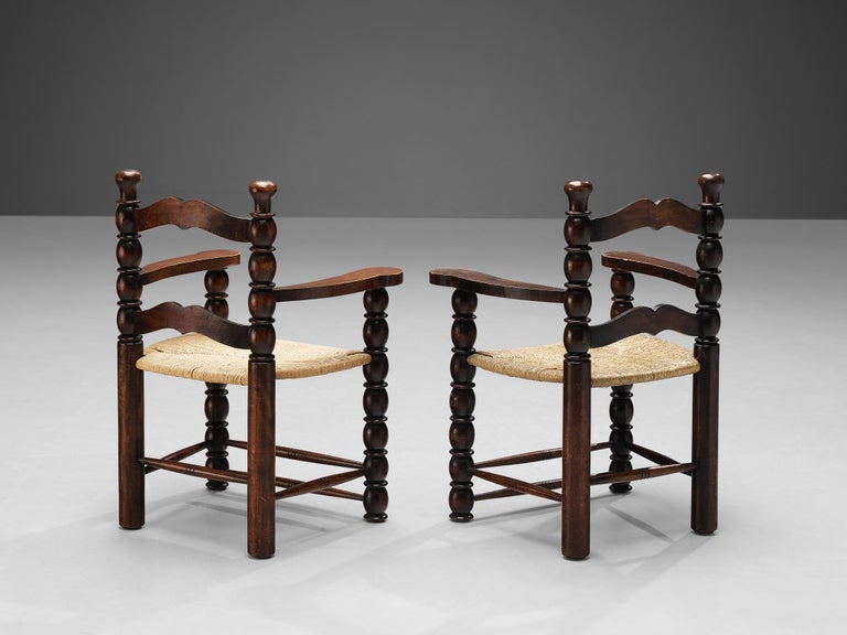 French Set of Ten Dining Chairs in Stained Wood and Straw