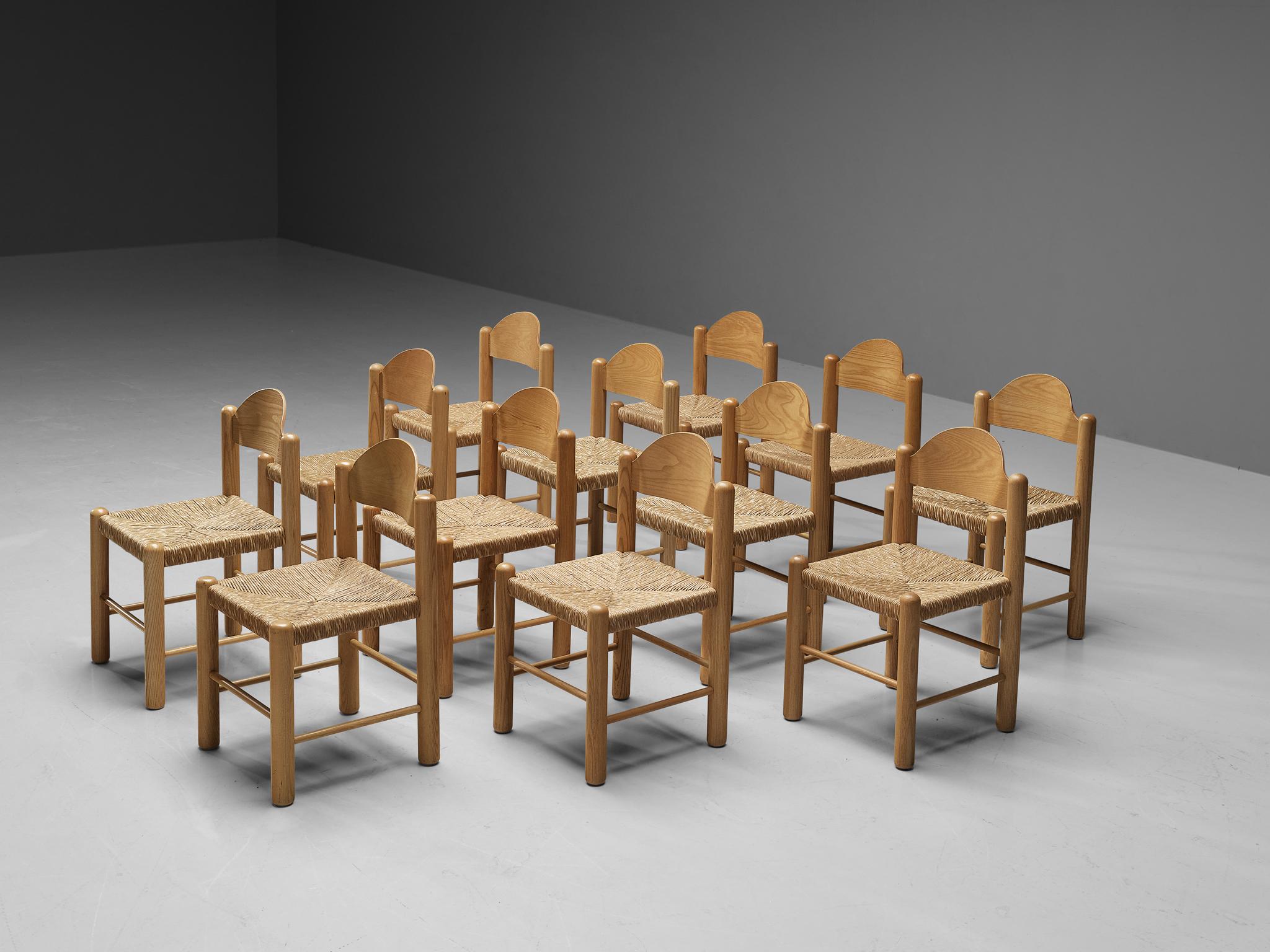 Italian Set of Twelve Dining Chairs in Ash with Rush Seats