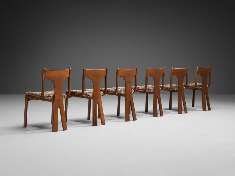 Italian Set of Six Sculptural Dining Chairs in Wood and Floral Upholstery