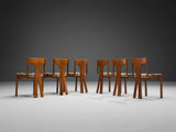 Italian Set of Six Sculptural Dining Chairs in Wood and Floral Upholstery