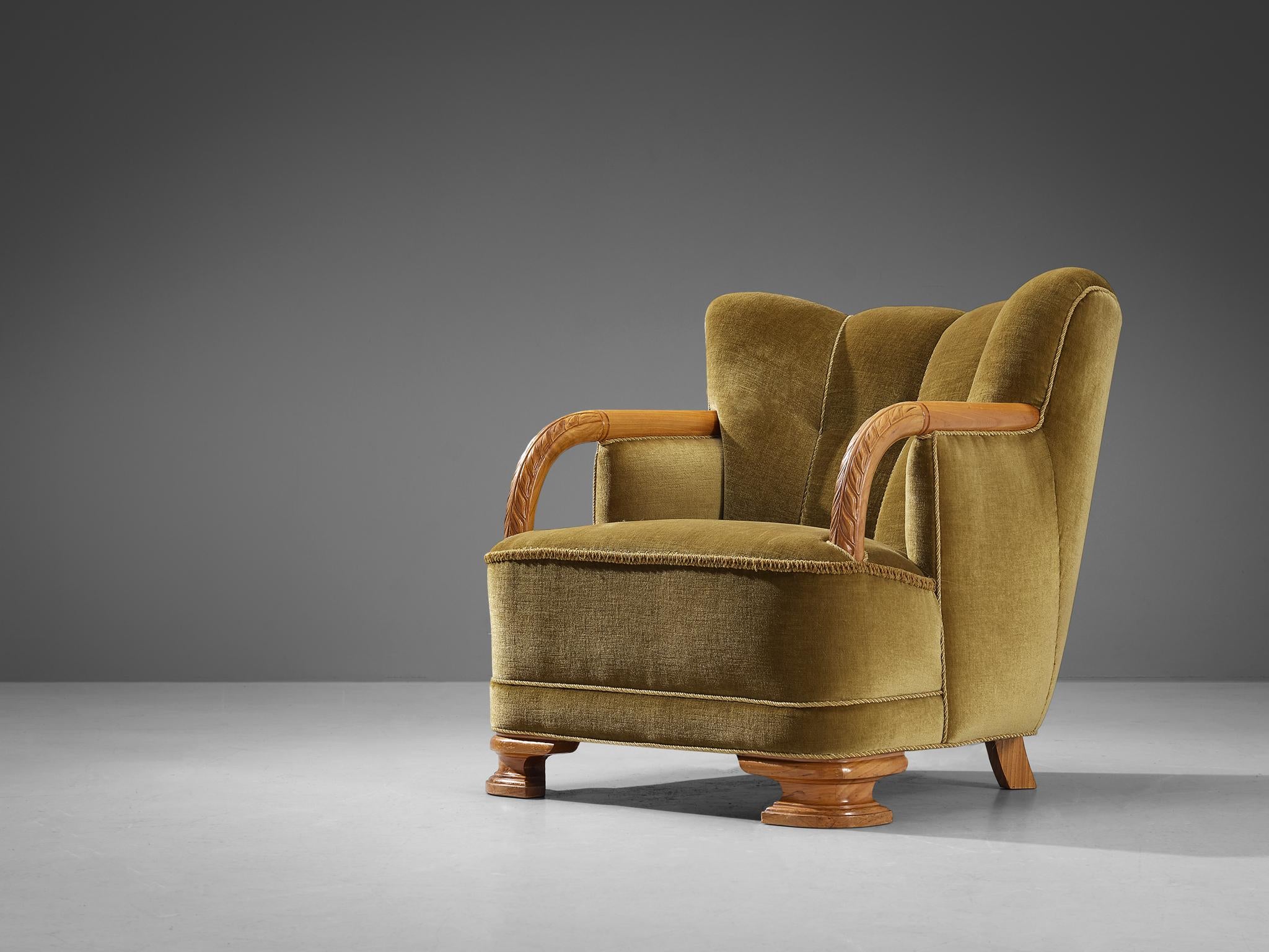 Danish Art Deco Lounge Chair in Olive Green Velvet and Elm