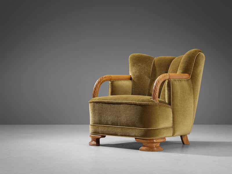 Danish Art Deco Lounge Chair in Olive Green Velvet and Elm