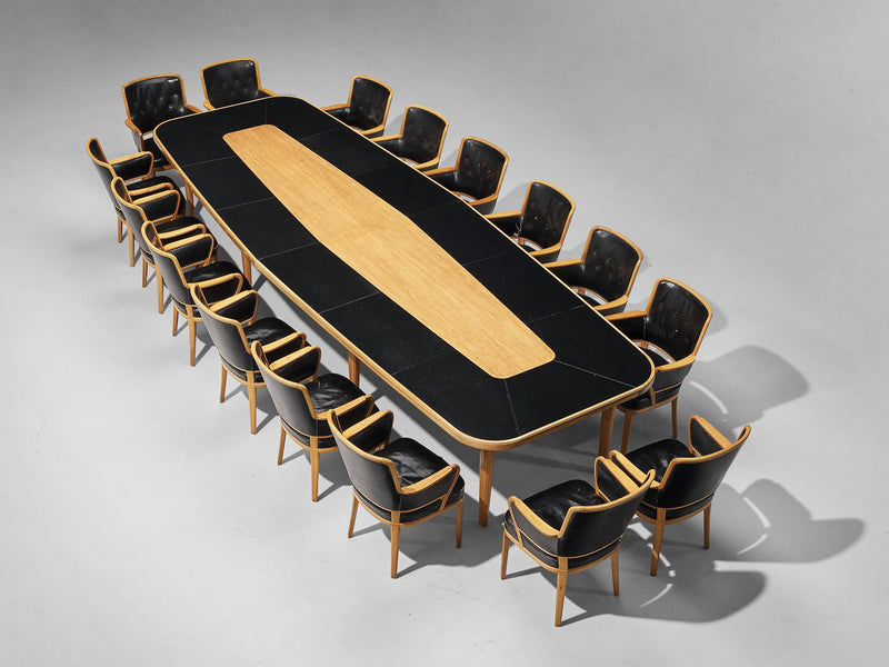Rare Carl Malmsten Dining or Conference Table in Walnut and Black Leather