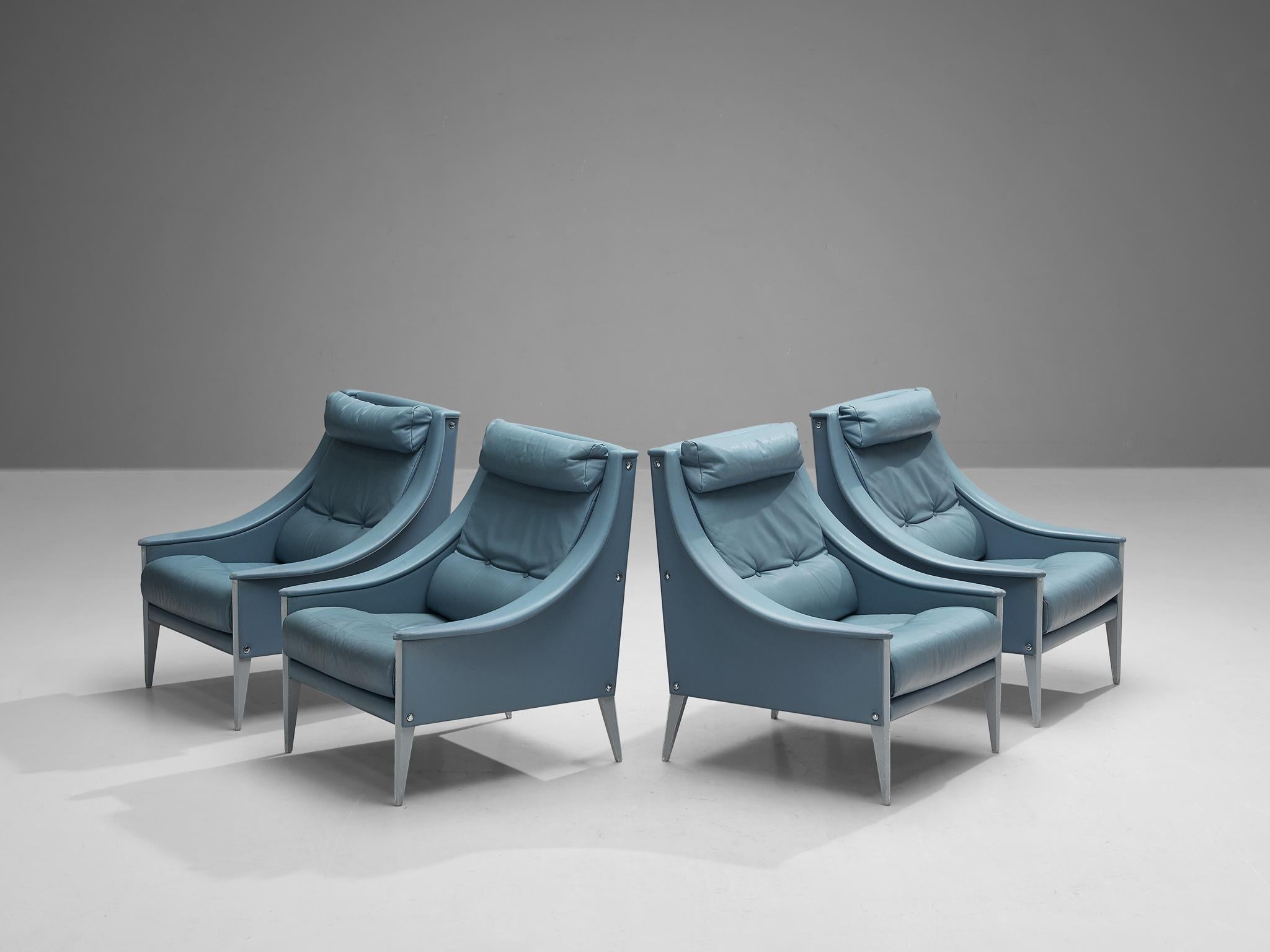 Gio Ponti for Poltrona Frau Set of Four Lounge Chairs in Light Blue Leather