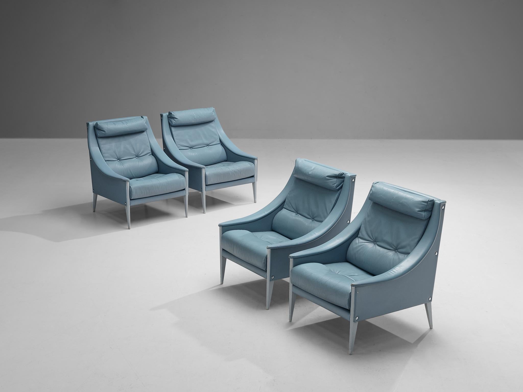 Gio Ponti for Poltrona Frau Set of Four Lounge Chairs in Light Blue Leather