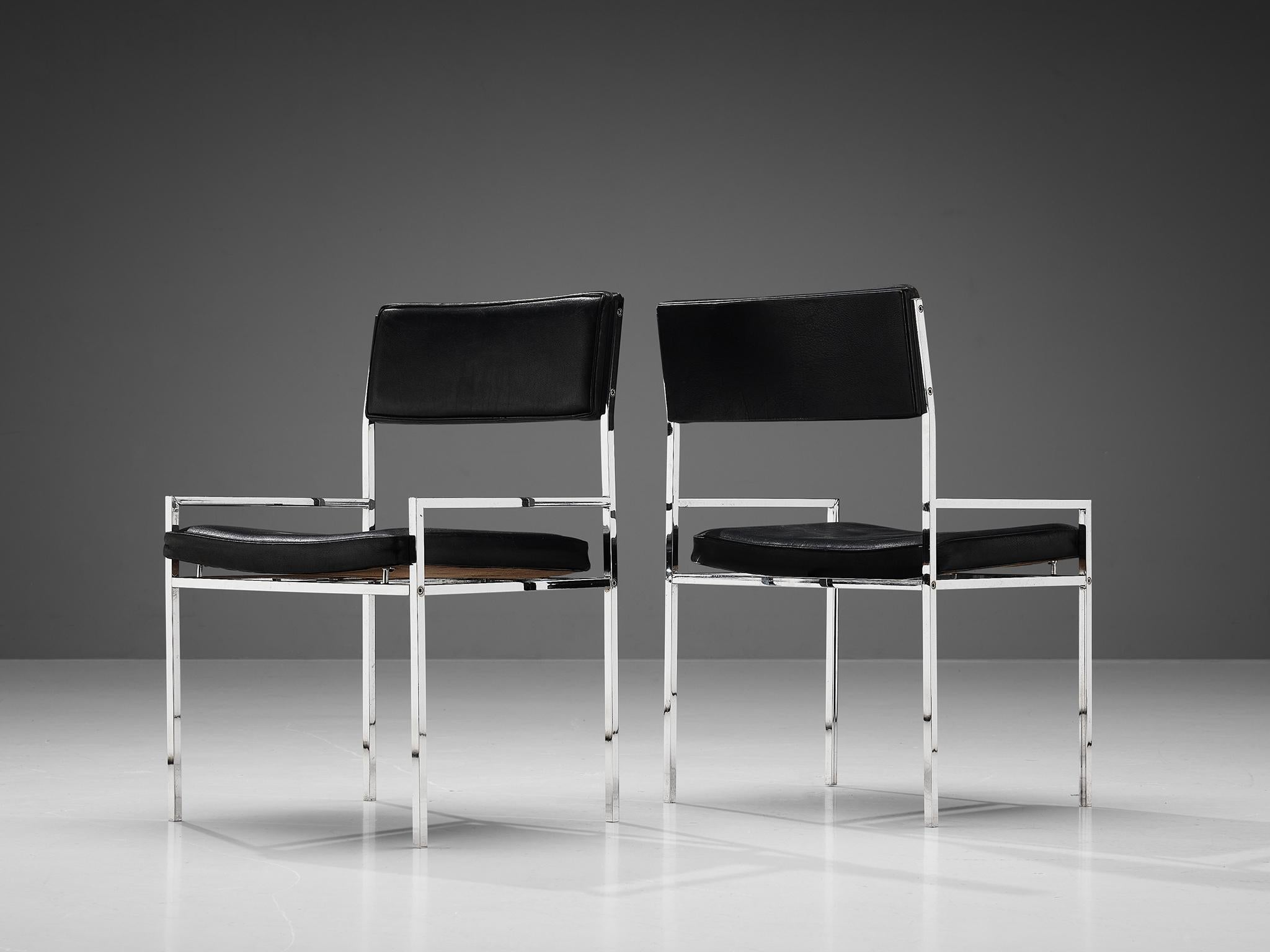 Set of Eight Italian Postmodern Dining Chairs in Chrome and Black Leather