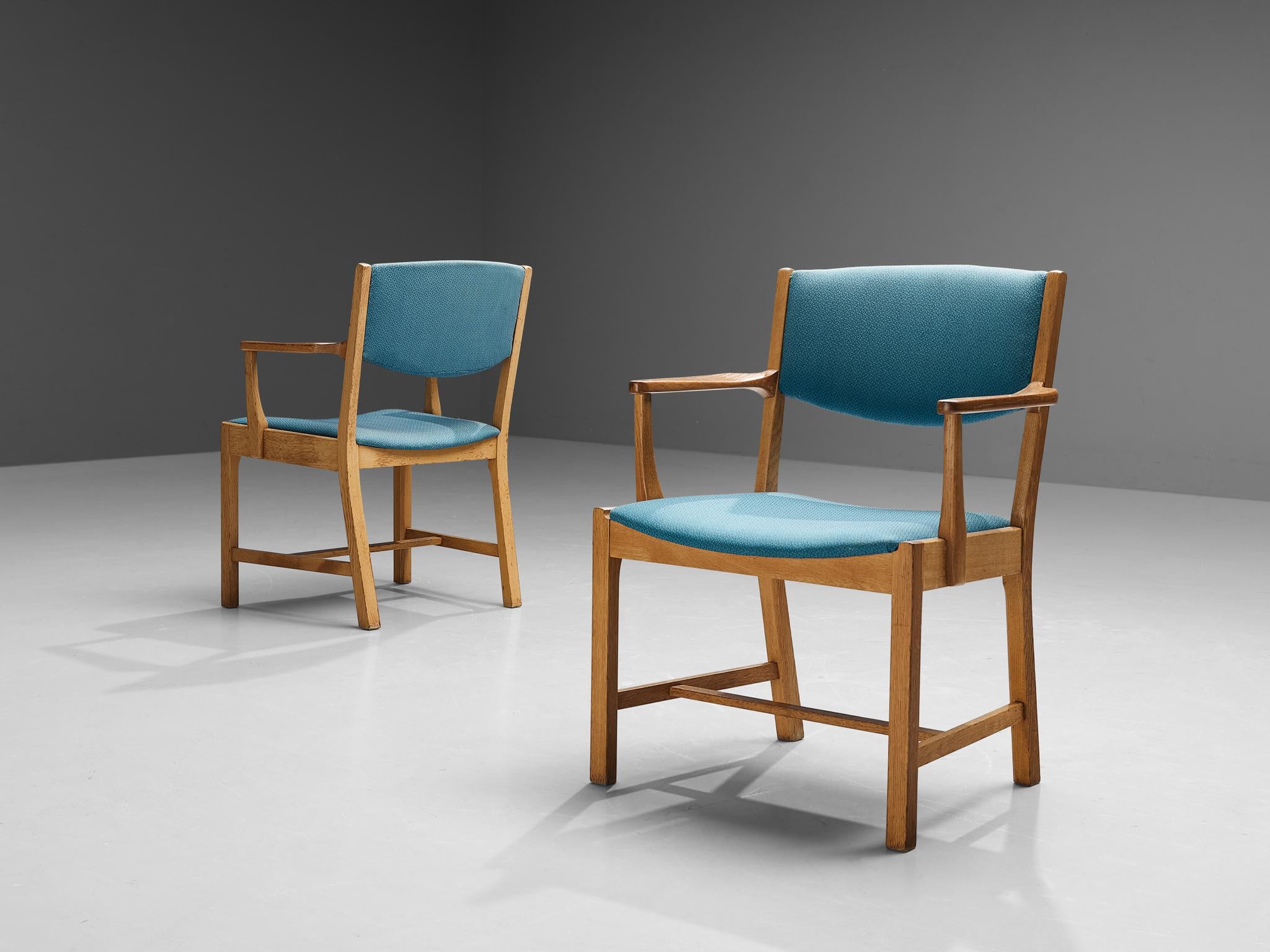 Set of Six Danish Armchairs in Oak and Light Blue Upholstery