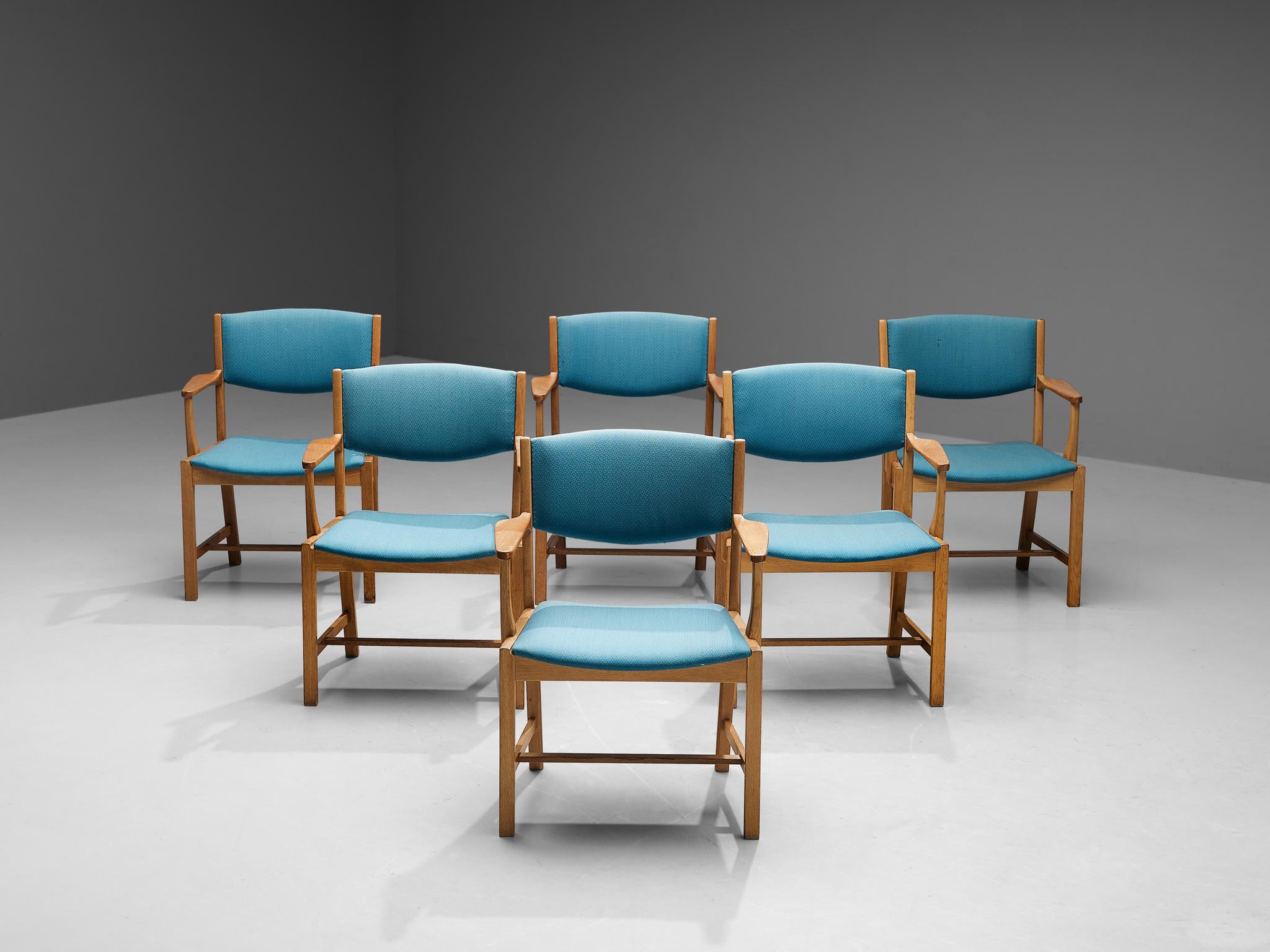 Set of Six Danish Armchairs in Oak and Light Blue Upholstery
