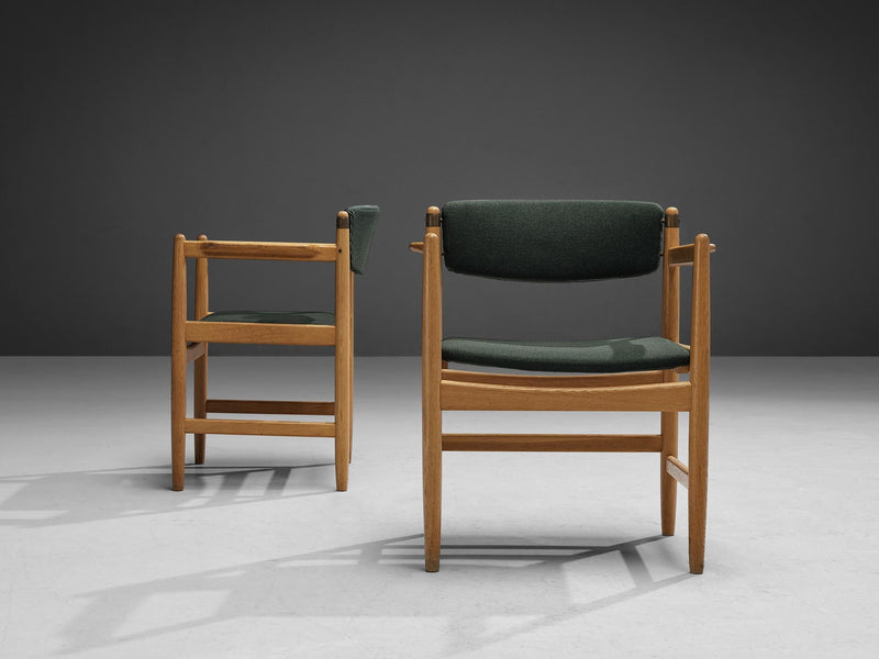 Danish Pair of Armchairs in Oak and Forest Green Upholstery