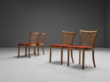 French Art Deco Set of Four Dining Chairs in Red Leatherette and Oak