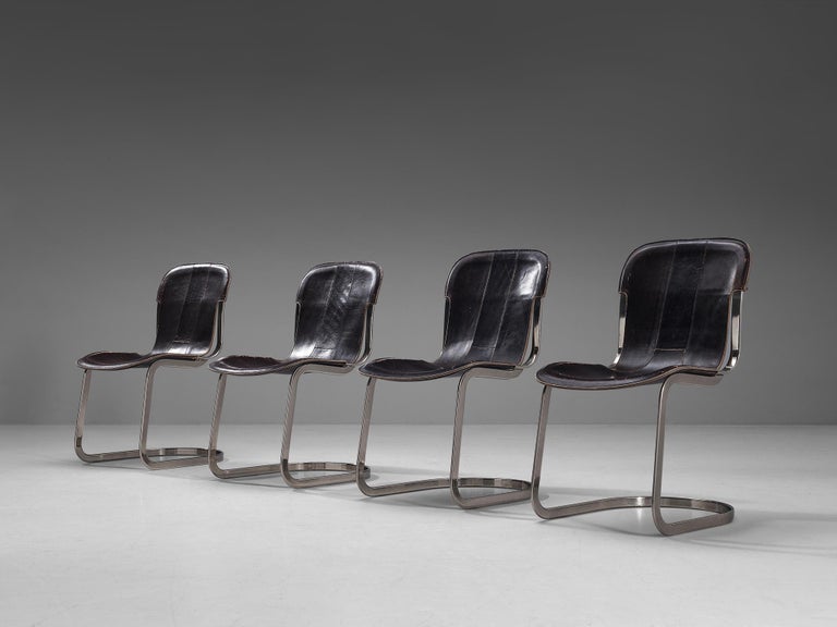 Cidue Set of Four Dining Chairs in Dark Brown Leather and Chrome