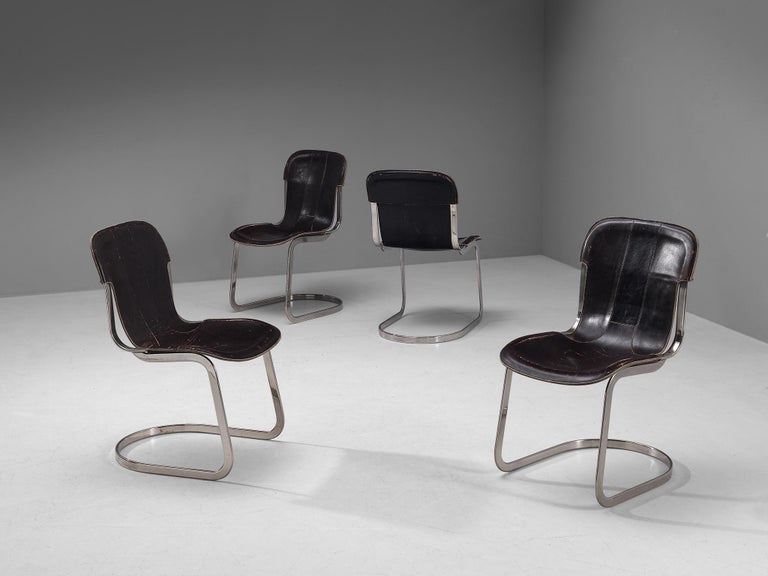 Cidue Set of Four Dining Chairs in Dark Brown Leather and Chrome