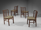 Set of Four Dining Chairs in Stained Oak and Striped Upholstery