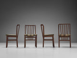 Set of Four Dining Chairs in Stained Oak and Striped Upholstery