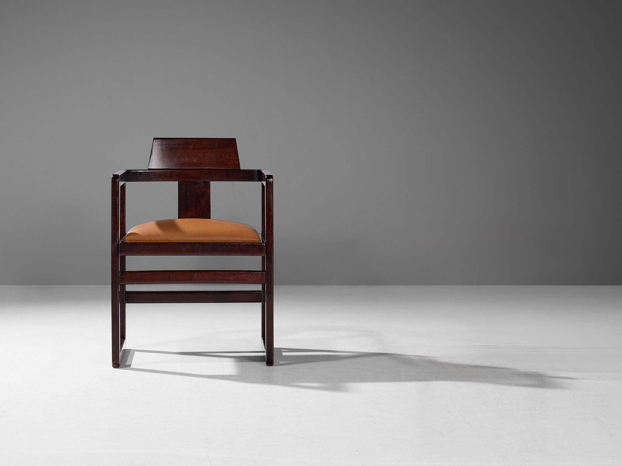Italian Geometrical Armchair in Cognac Upholstery and Stained Wood