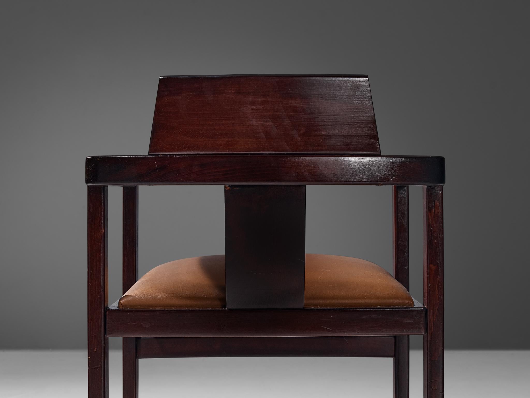 Italian Geometrical Armchair in Cognac Upholstery and Stained Wood