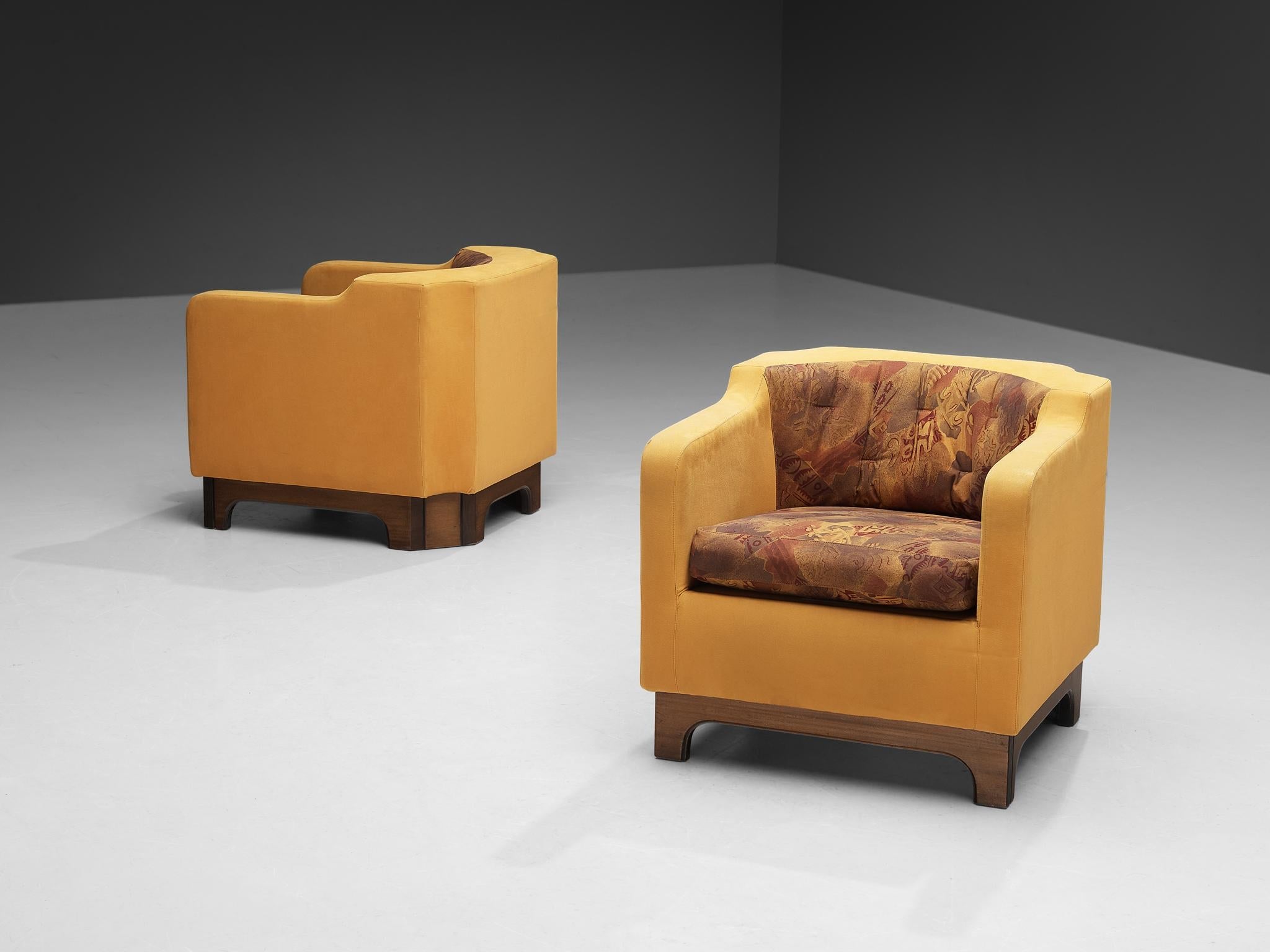 Italian Armchairs in Walnut and Yellow Upholstery
