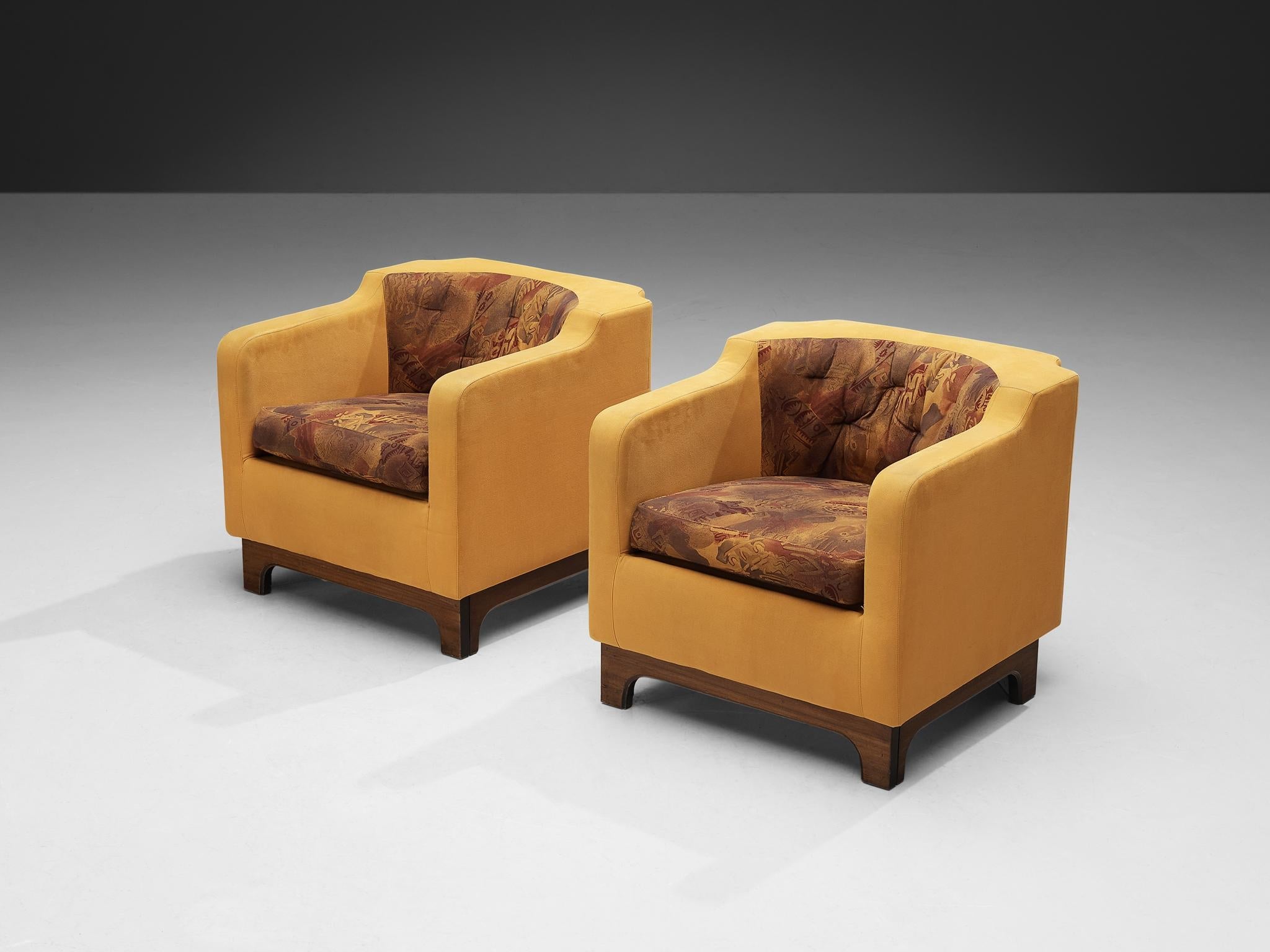 Italian Armchairs in Walnut and Yellow Upholstery