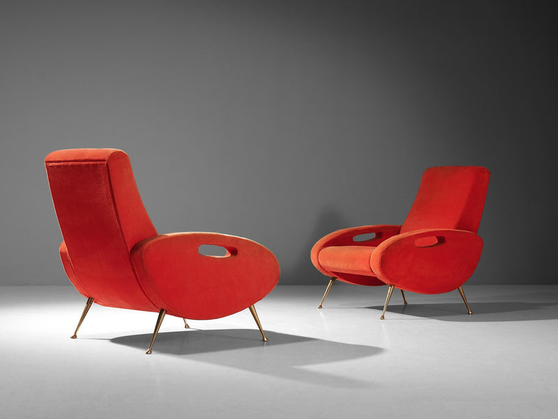 François Letourneur Pair of Lounge Chairs in Red Velvet Upholstery
