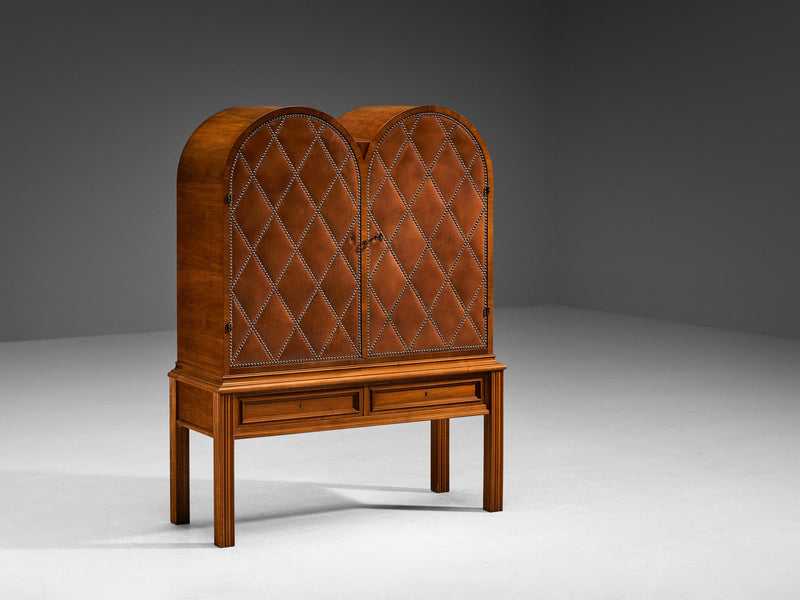 Rare Otto Schulz Bar Cabinet in Walnut and Leather with Brass Nails