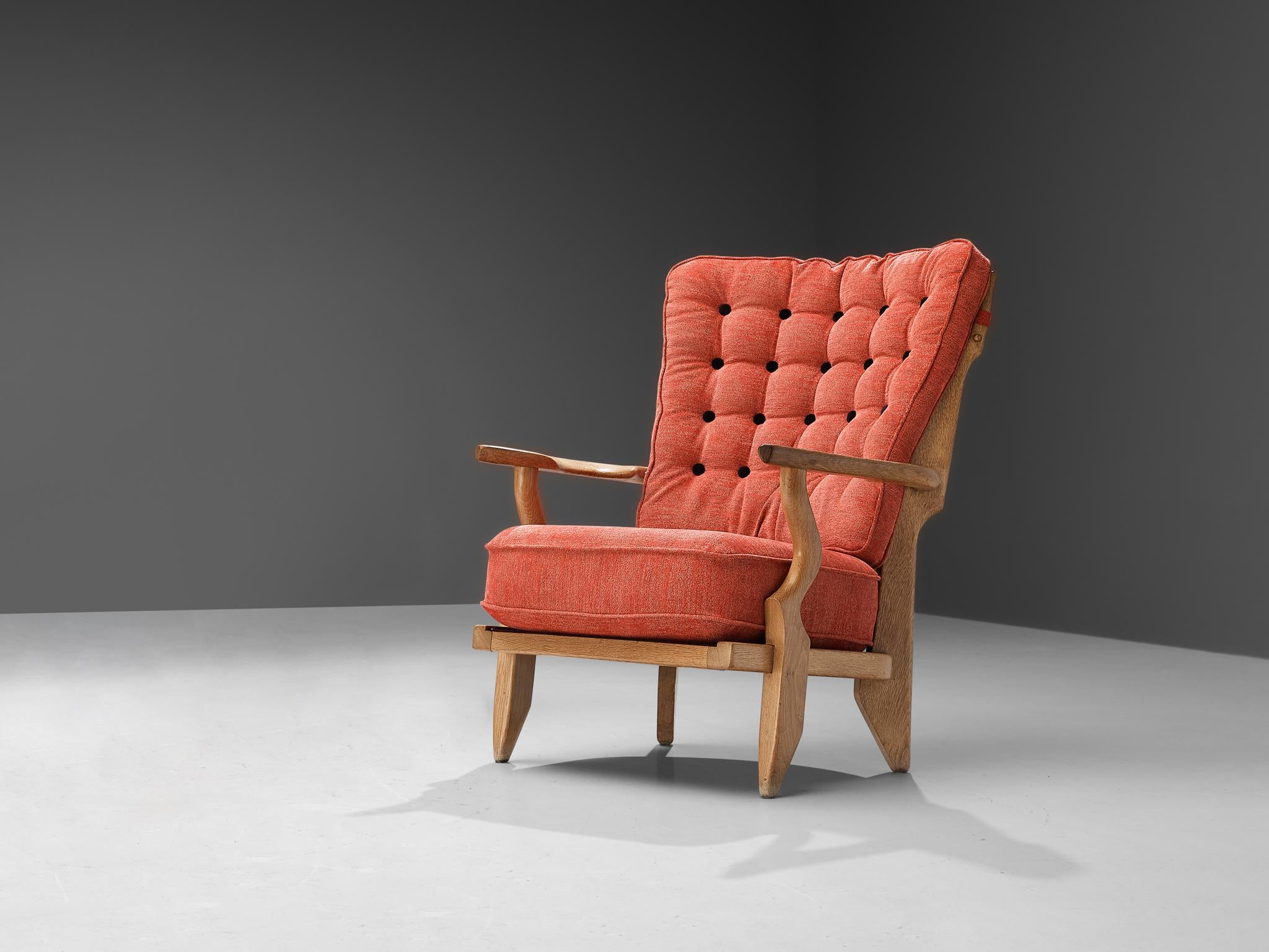 Guillerme & Chambron 'Mid Repos' Lounge Chair in Oak and Red Upholstery