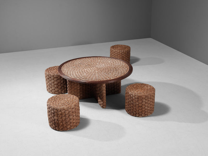French Coffee Table with Four Stools in Rope and Cane