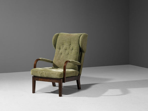 1930s Swedish Easy Chair in Olive Green Upholstery