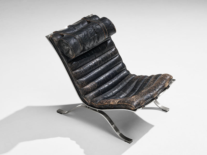 Arne Norell 'Ari' Lounge Chair with Ottoman in Patinated Black Leather