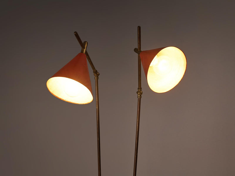 Italian Floor Lamp in Metal and Brass with Red Shades