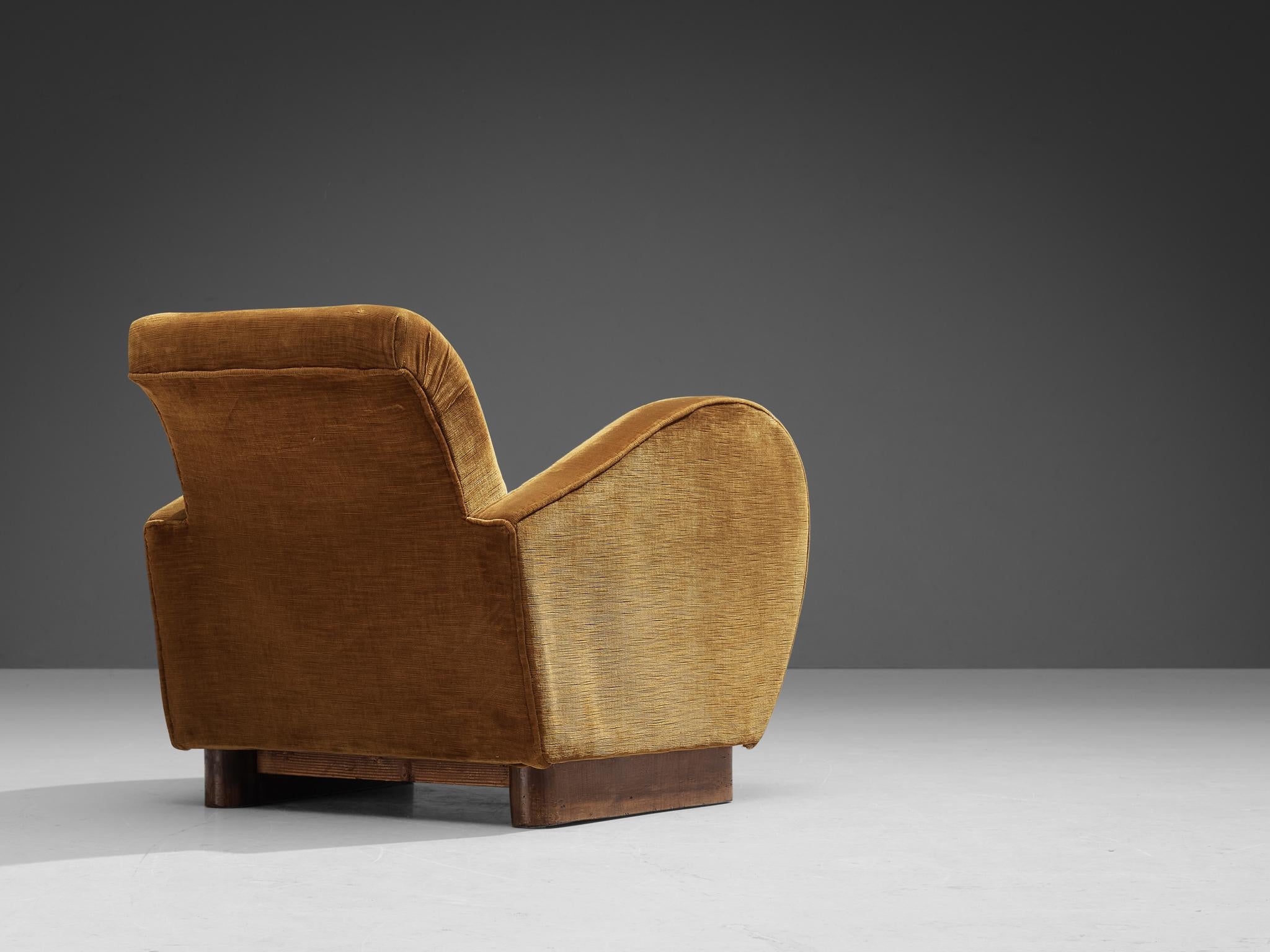 Italian Pair of Art Deco Lounge Chairs in Ocher Yellow Velvet