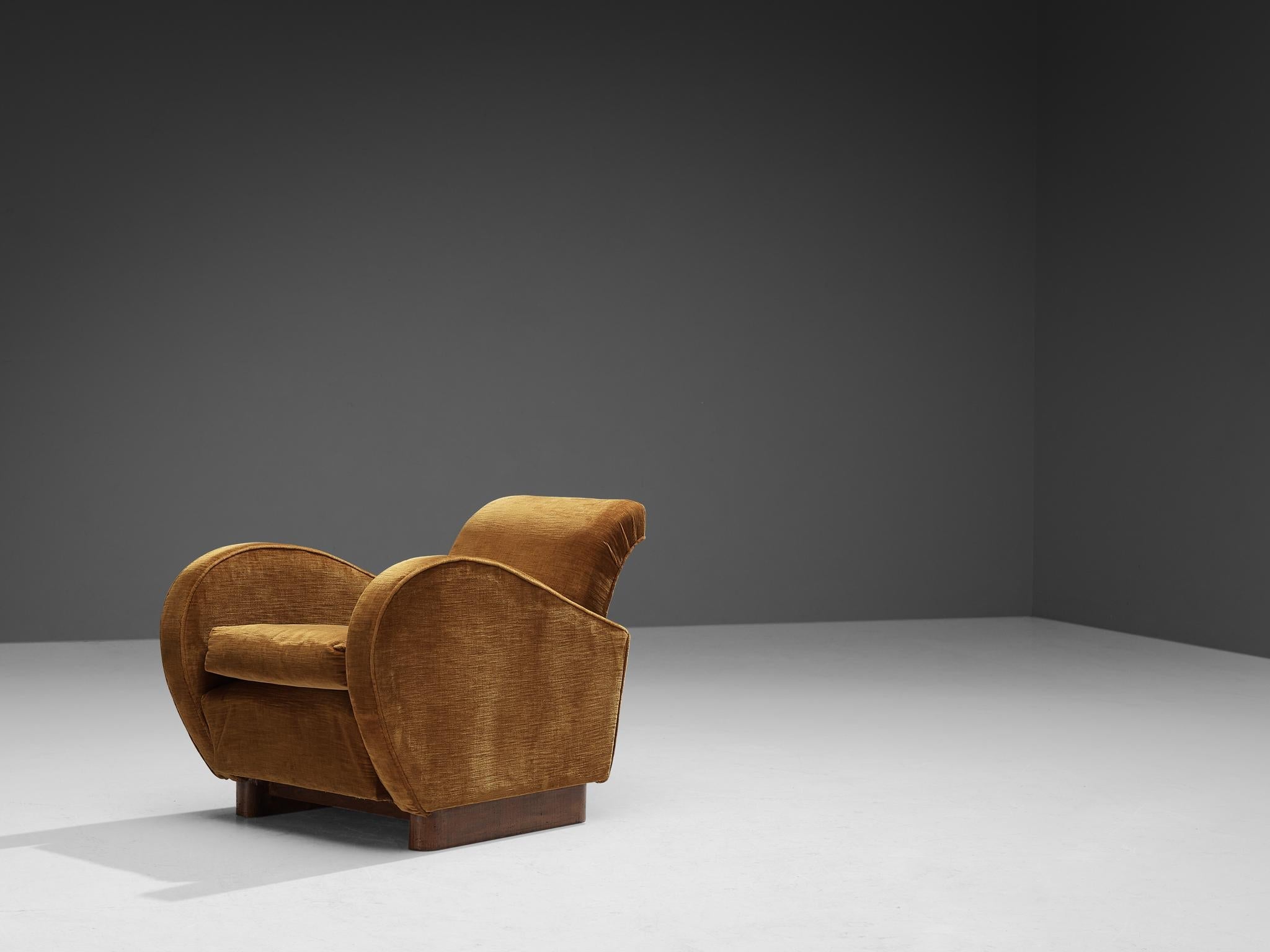Italian Pair of Art Deco Lounge Chairs in Ocher Yellow Velvet