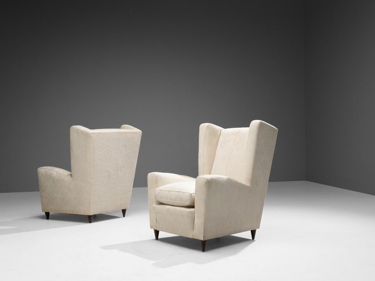 Italian Pair of Wingback Chairs in Off-White Upholstery